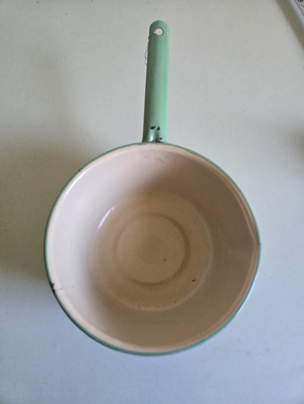 Vintage Green and Cream Enamelware Saucepan - Kitchen Pot